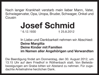 Traueranzeige von Josef Schmid von Pegnitz-Zeitung